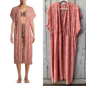 Sheer Kimono Swimsuit Duster Coverup Size 3X (?) Pink Floral Drawstring Waist